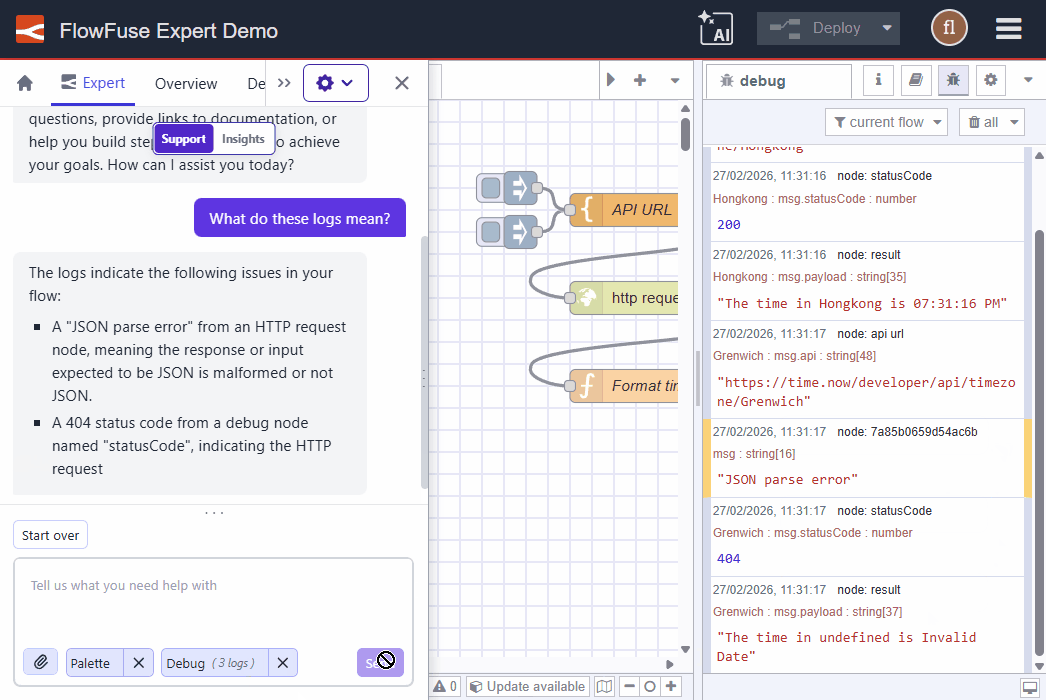 Selecting debug log entries as context for FlowFuse Expert